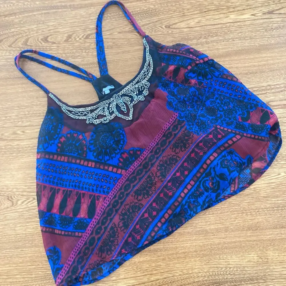 Y2K Charlotte Russe Womens L Beaded Paisley Tank Top Festival Hippie Going Out